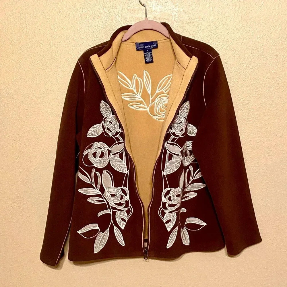 VTG SUSAN GRAVER STYLE Floral Fleece Jacket Size (M) Brown w/white floral de…